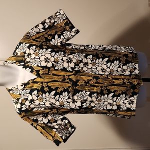 Hawaiian style flowers surfboard art m brown/white shirt